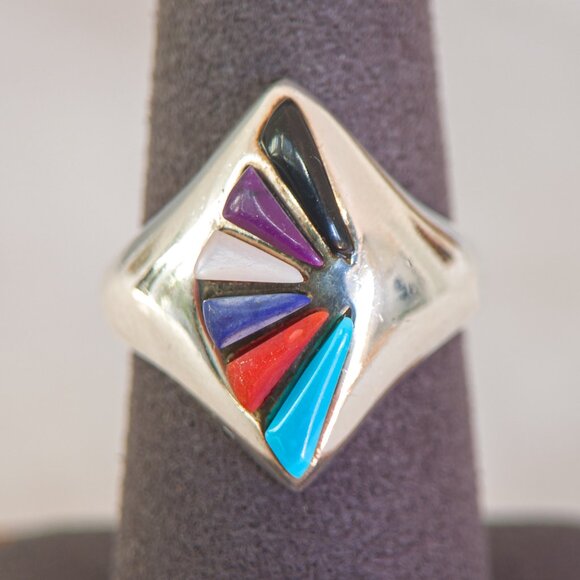 Vintage Cha Ray Inlay Ring (1989) – Sterling Silver w Turquoise, Coral & Lapis - Picture 1 of 7